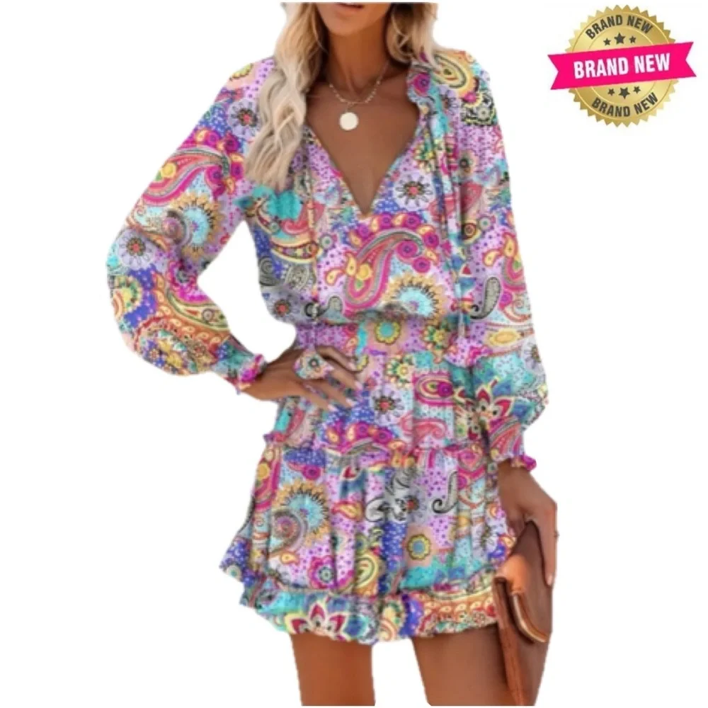 Colorful Paisley Print Women's V-Neck Dress - Picture 1 of 8